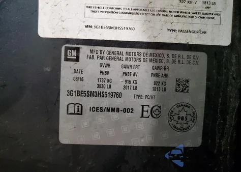 2017 Chevrolet Cruze Lt z USA, uszkodzony, nr VIN 3G1BE5SM3HS519760